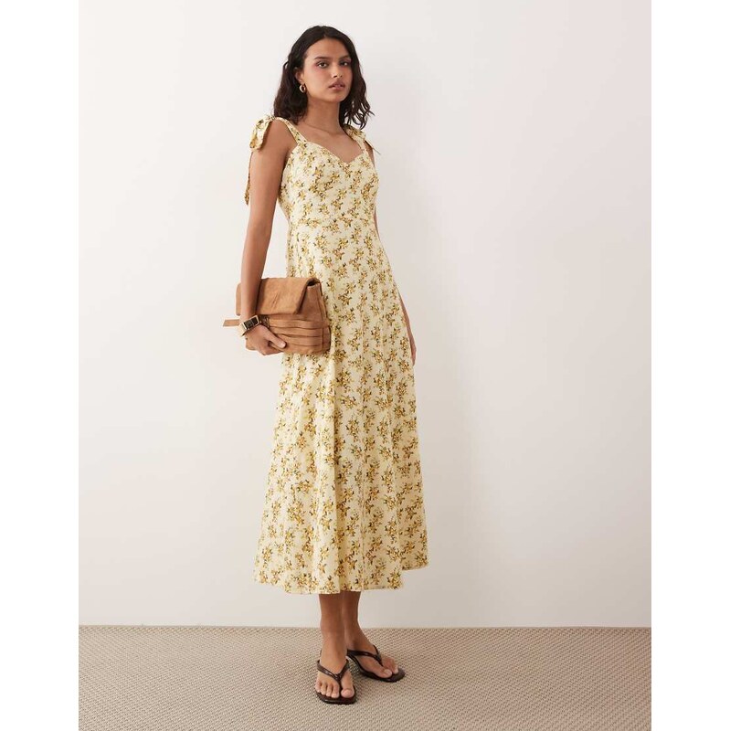 YAS tie shoulder ditsy floral print maxi dress in yellow