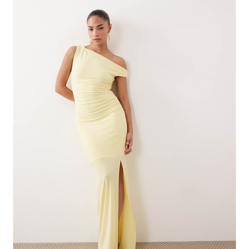 TFNC Petite one shoulder midaxi dress with thigh split in lemon
