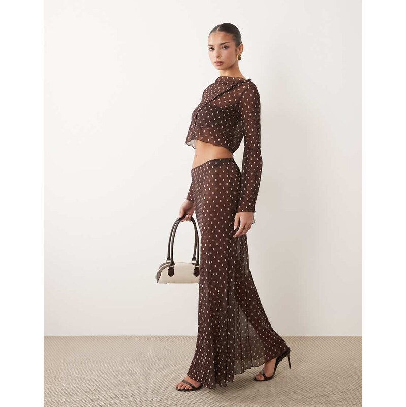 ASOS DESIGN co-ord printed mesh maxi skirt in brown geometric