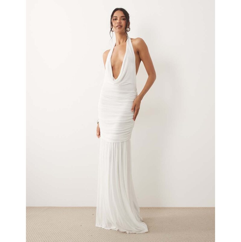 ASOS DESIGN plunge cowl mesh maxi dress with ruched drop waist