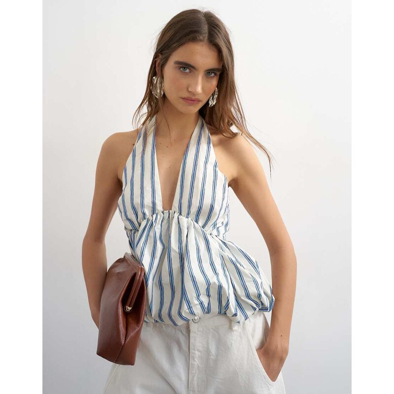 Topshop halter neck bubble hem top in cream stripe-Yellow