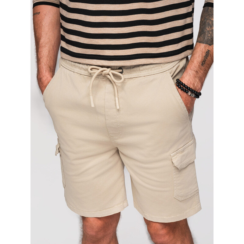 Ombre Mens cotton cargo shorts with elastic waistband - beige