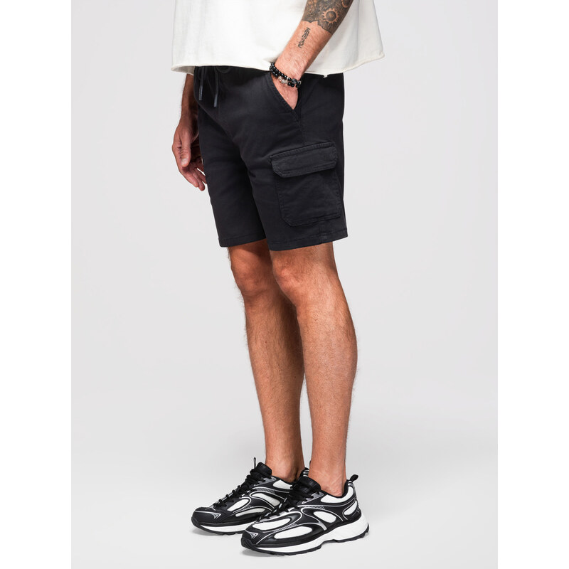 Ombre Mens cotton cargo shorts with elastic waistband - black