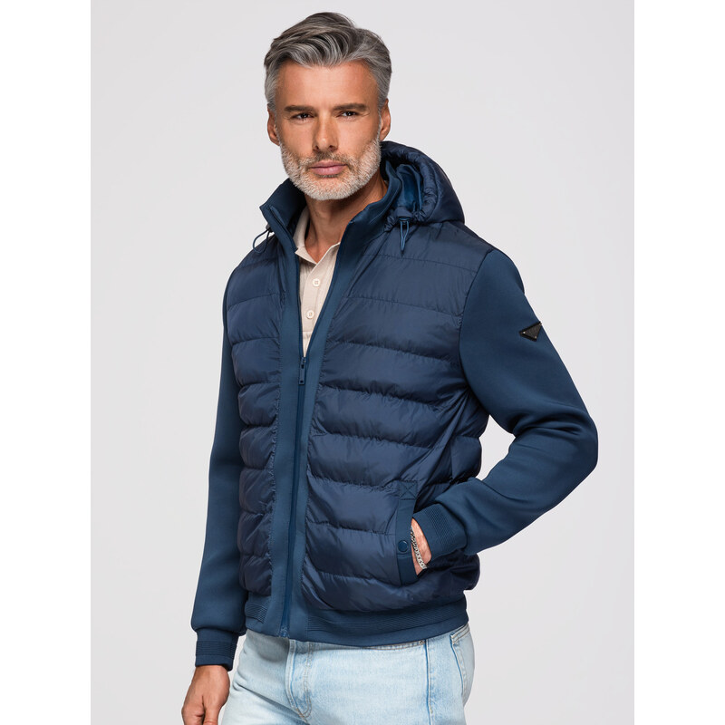 Ombre Quilted bomber jacket with hood and knitted sleeves - navy