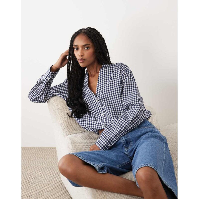 ARKET seersucker bubble hem blouse in dark blue gingham-Black