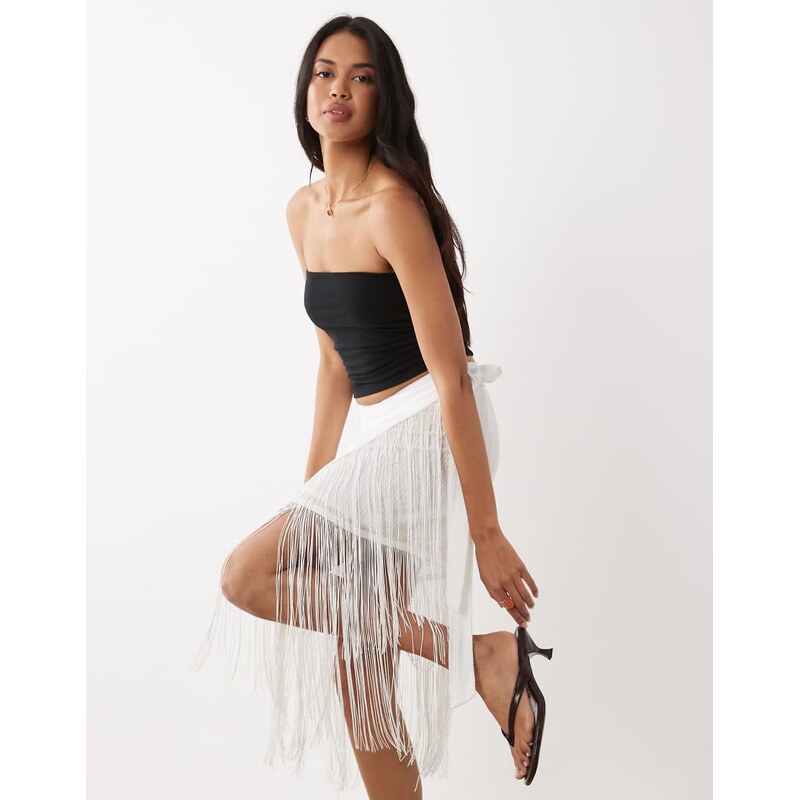Gina Tricot structured fringe mini skirt in white stripe