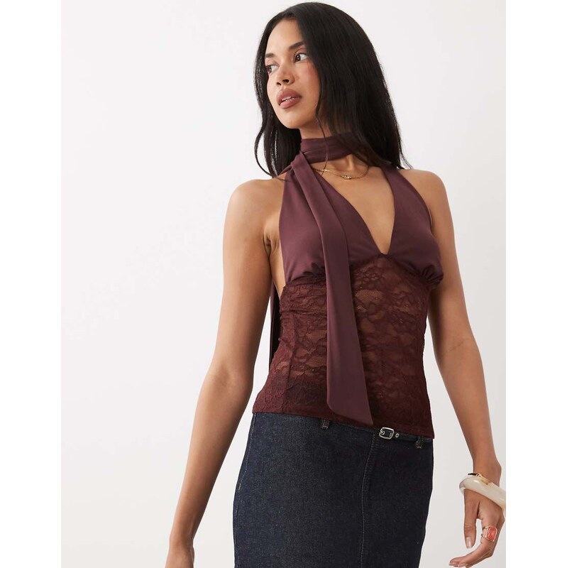 Gina Tricot lace plunge top with scarf in chocolate-Brown