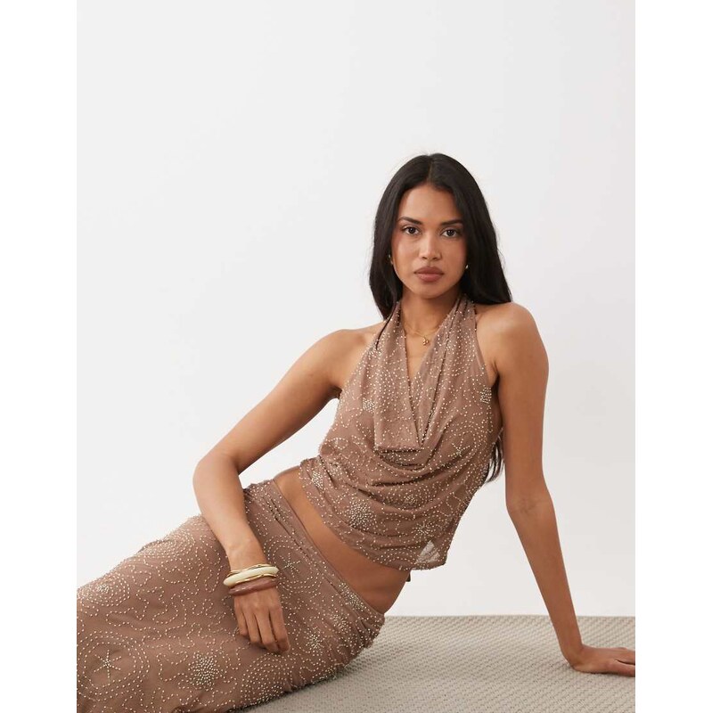 Gina Tricot mix and match embellished cowl neck top in brown