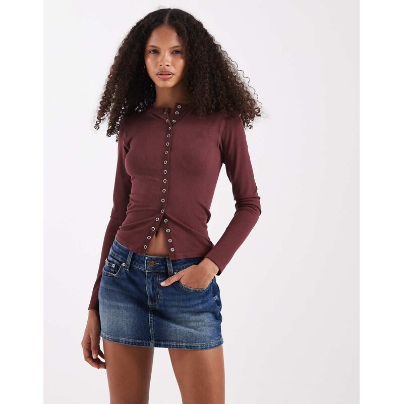 ASOS DESIGN seamless rib popper detail long sleeve top in