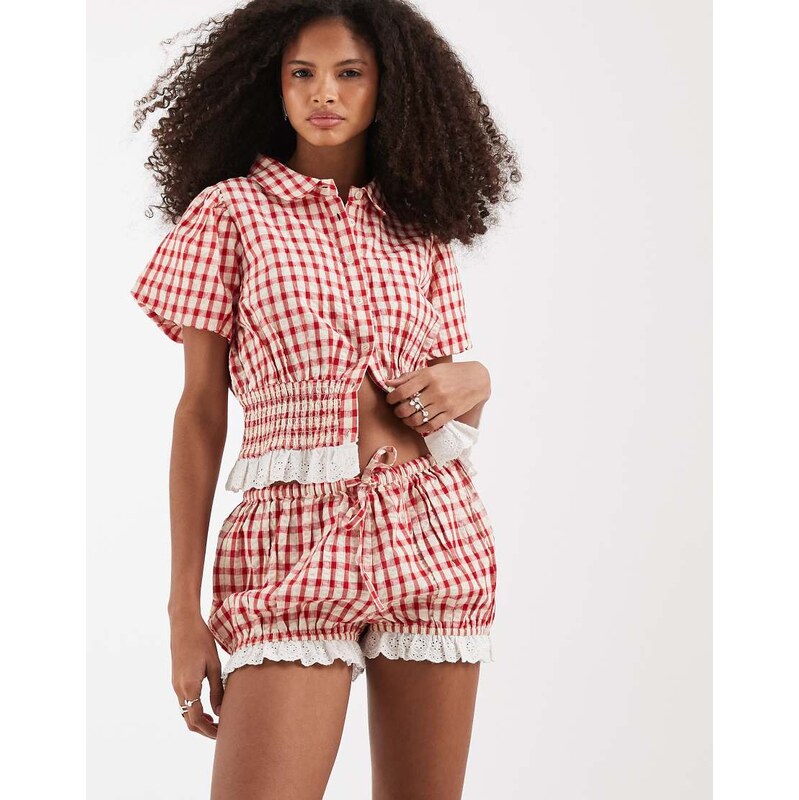 Neon Rose co-ord ruffle edged short in red check