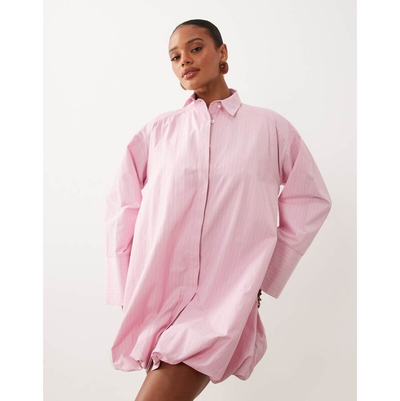 ASOS DESIGN wide cuff shirt mini dress with bubble hem in pink