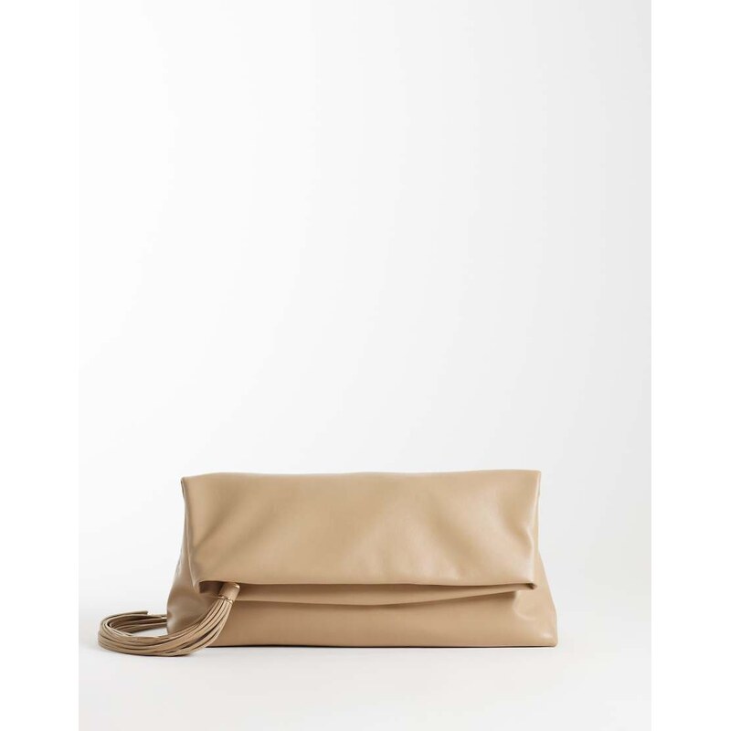 ASOS DESIGN tassel zip top flap clutch in biscuit-Green