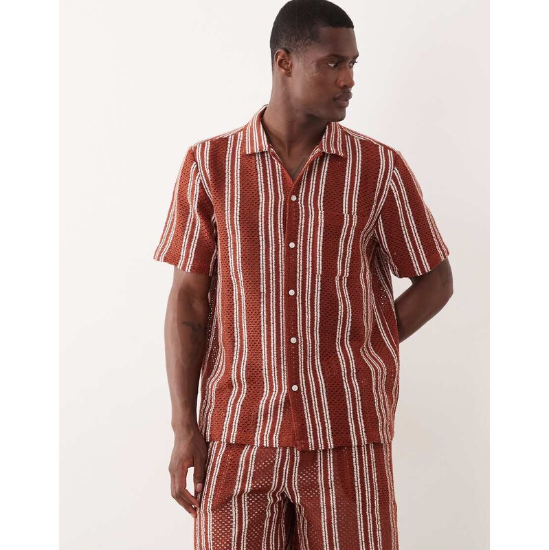 New Look co-ord crochet stripe shirt in rust-Copper