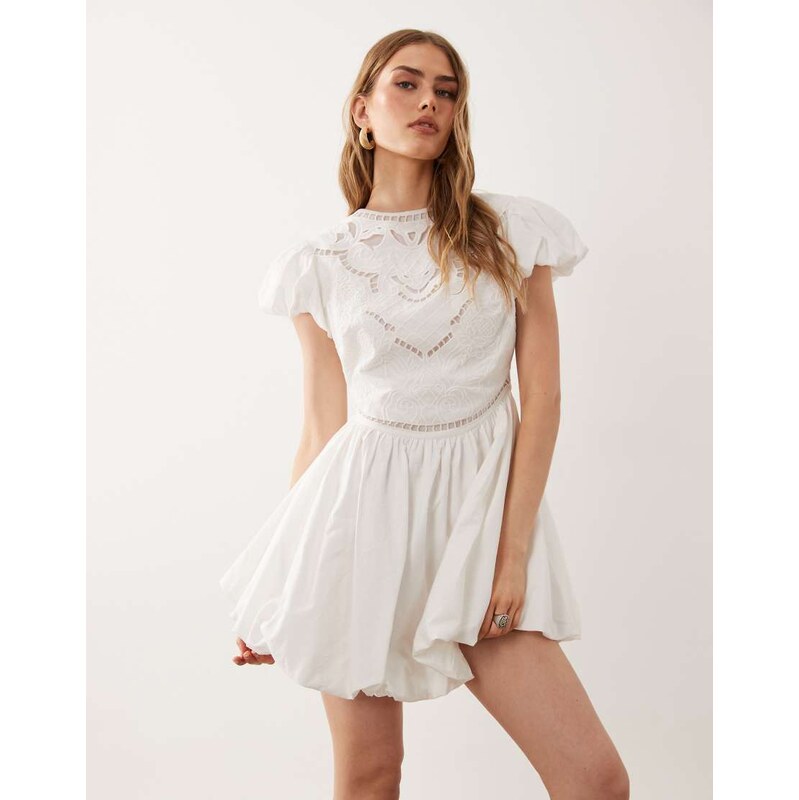 ASOS DESIGN puff mini dress with cutwork embroidery in white