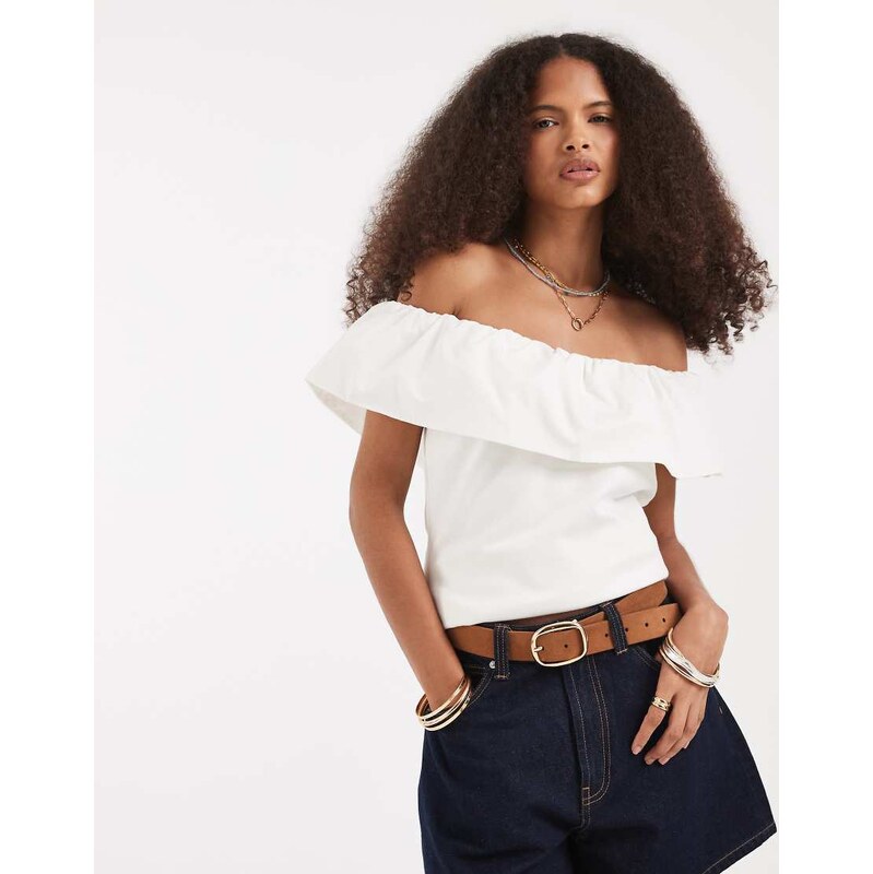 Vero Moda jersey top off shoulder ruffle in white