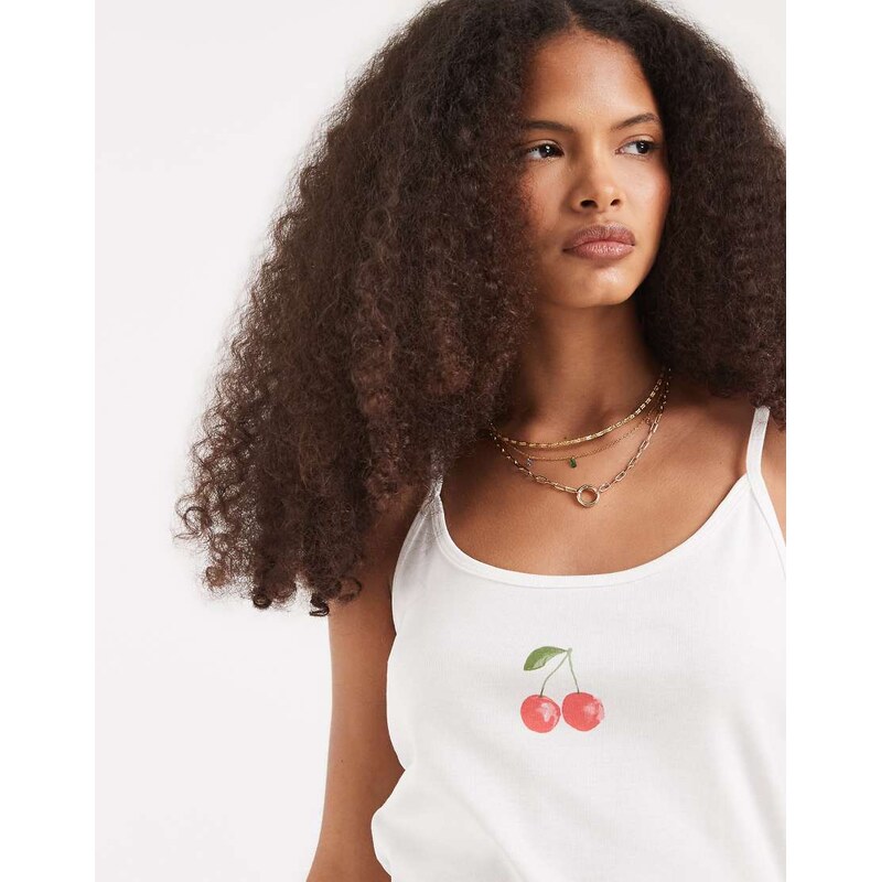 Vero Moda jersey cami top with cherry print graphic in white