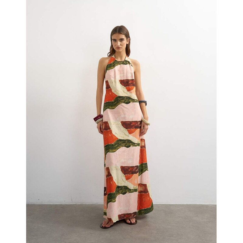 Topshop halter neck low back maxi dress in abstract print-Multi