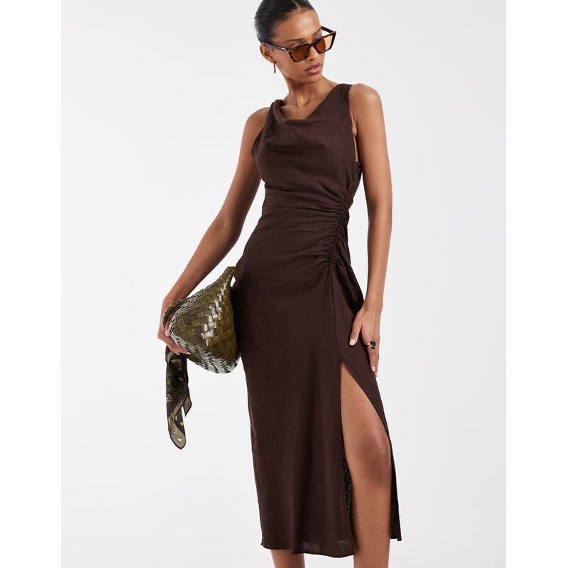 & Other Stories draped asymmetric linen maxi dress in dark brown