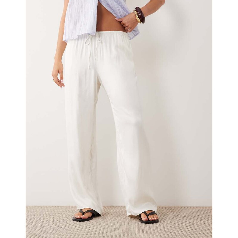 ASOS DESIGN satin wide leg pull on trouser in ivory-White