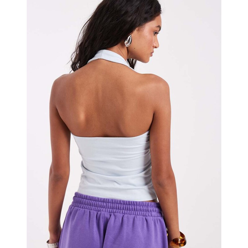 ASOS DESIGN double layer minimal halter neck top in light blue