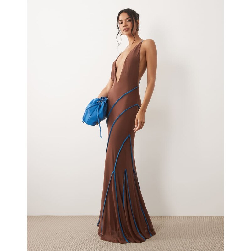 ASOS DESIGN contrast tip detail halterneck maxi dress in brown