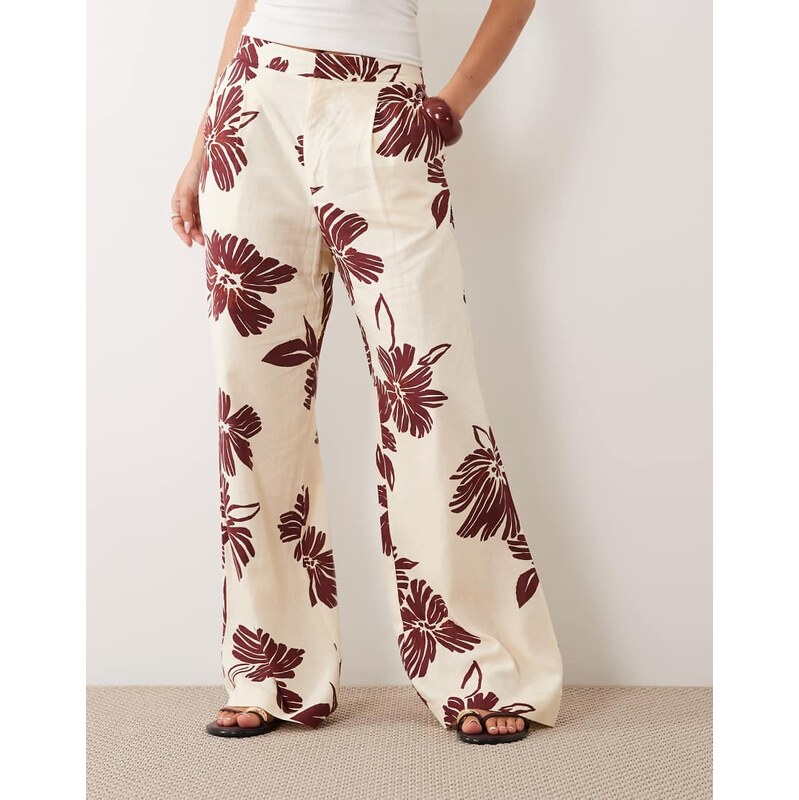 Mango cotton mix straight trouser in beige floral print-Neutral
