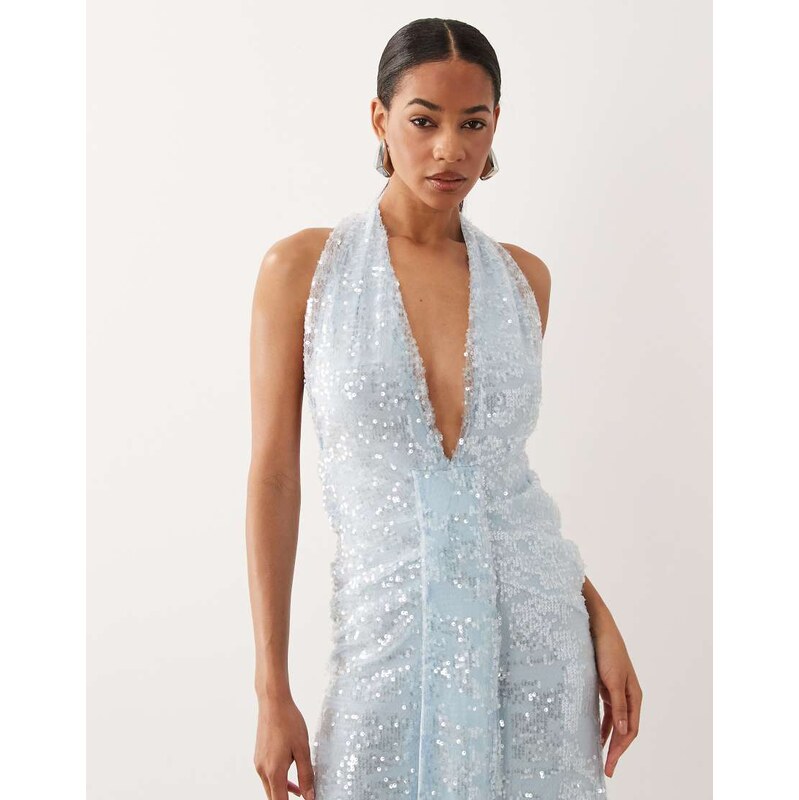 ASOS DESIGN sequin plisse plunge halter maxi dress with scarf