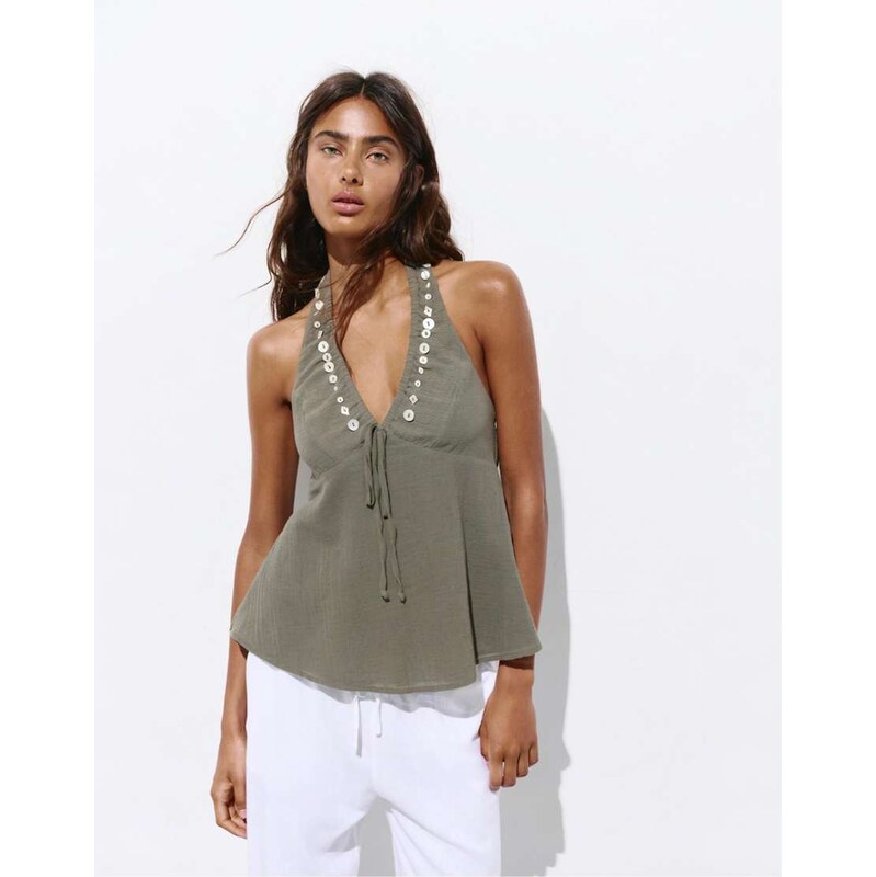 Pull&Bear Halter neck top with buttons in khaki-Green