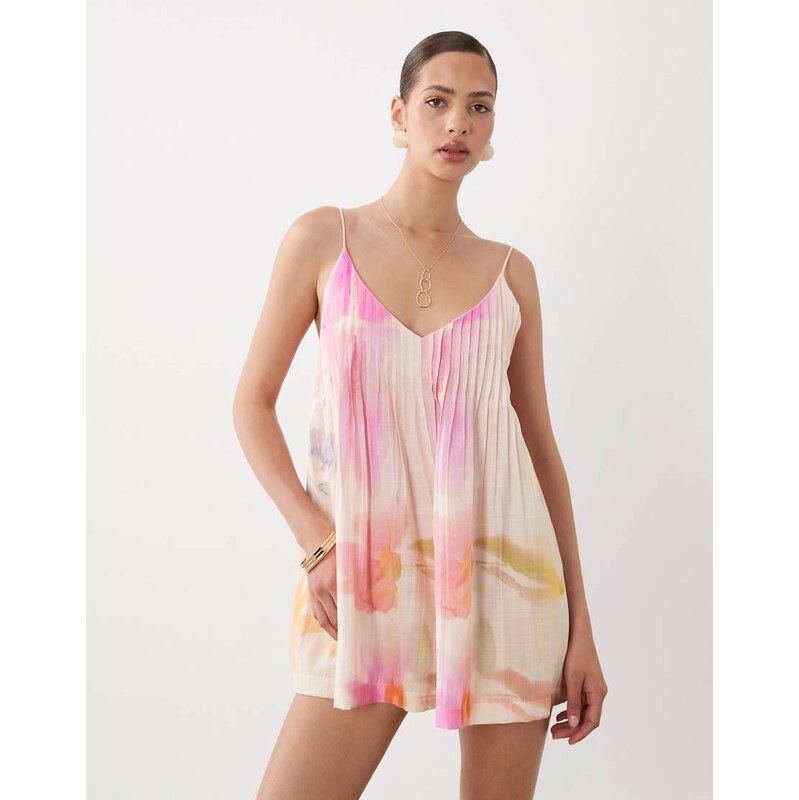 ASOS DESIGN cami playsuit with pintucks in abstract print-Multi