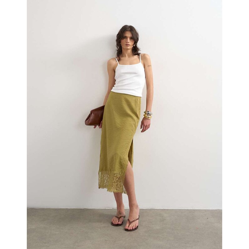 Topshop lace trim maxi skirt in olive green
