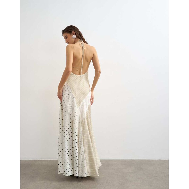 Topshop halter neck lace insert maxi dress in contrast stripe