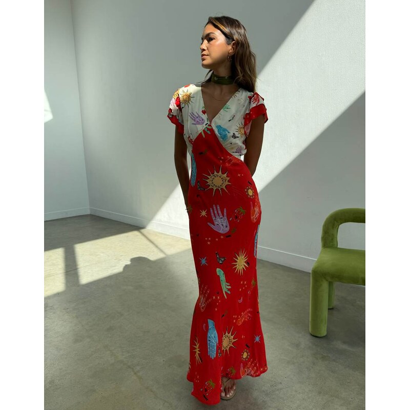 Never Fully Dressed satin v neck flutter sleeve maxi dress in