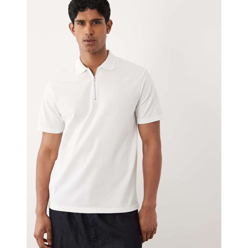 ASOS DESIGN regular fit polo with zip in white pique