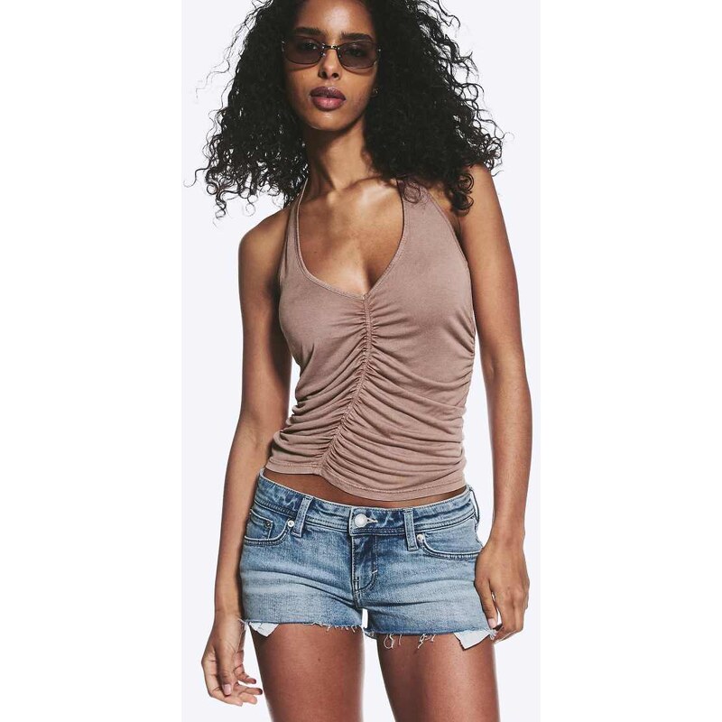 Monki fitted asymmetric festival top in washed brown