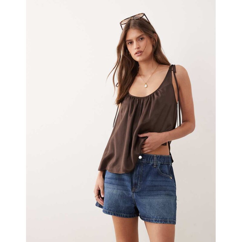 River Island denim elasticated waist shorts in mid blue