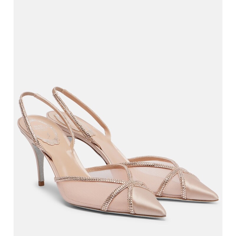 Rene Caovilla Embellished satin and mesh slingback pumps
