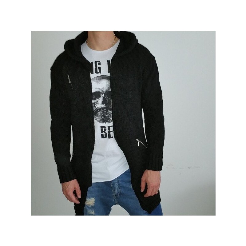 Bangastic Pánský prodloužený svetr na zip s kapucí černý, Barva černá, Velikost L