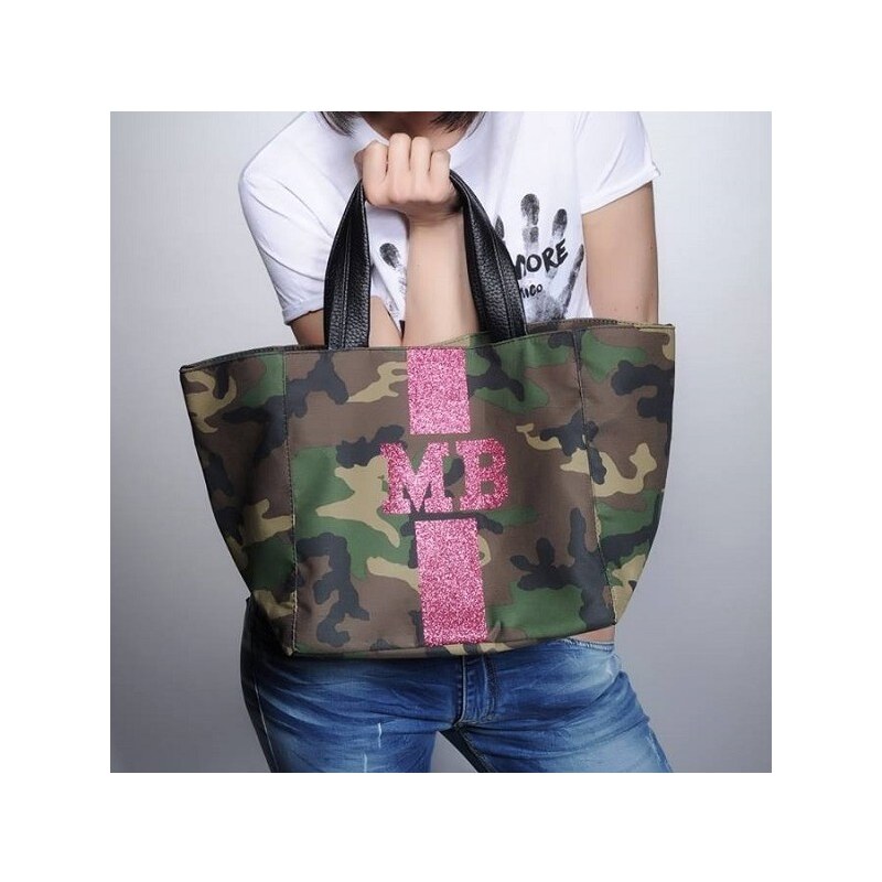 Mia Bag - Maskáčová taška / shopper S - třpytivý růžový pás