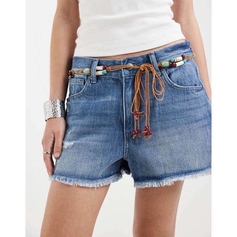 ONLY belt detail denim shorts in mid blue