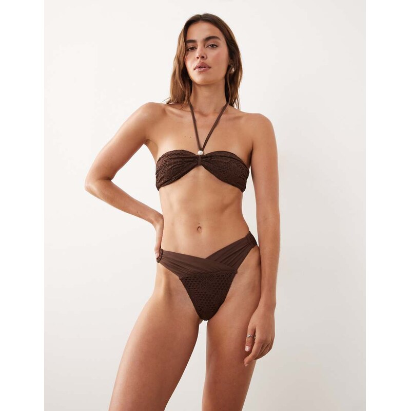 Miss Selfridge crochet V front bikini bottom in chocolate-White