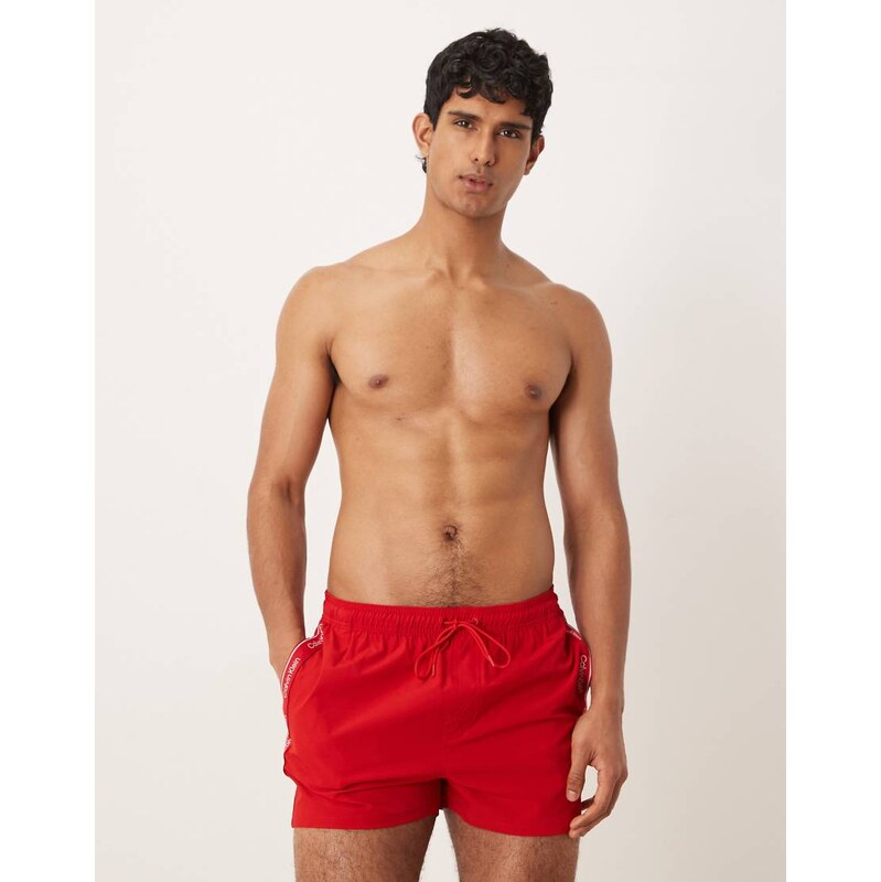 Calvin Klein side script logo drawstring swim shorts in red