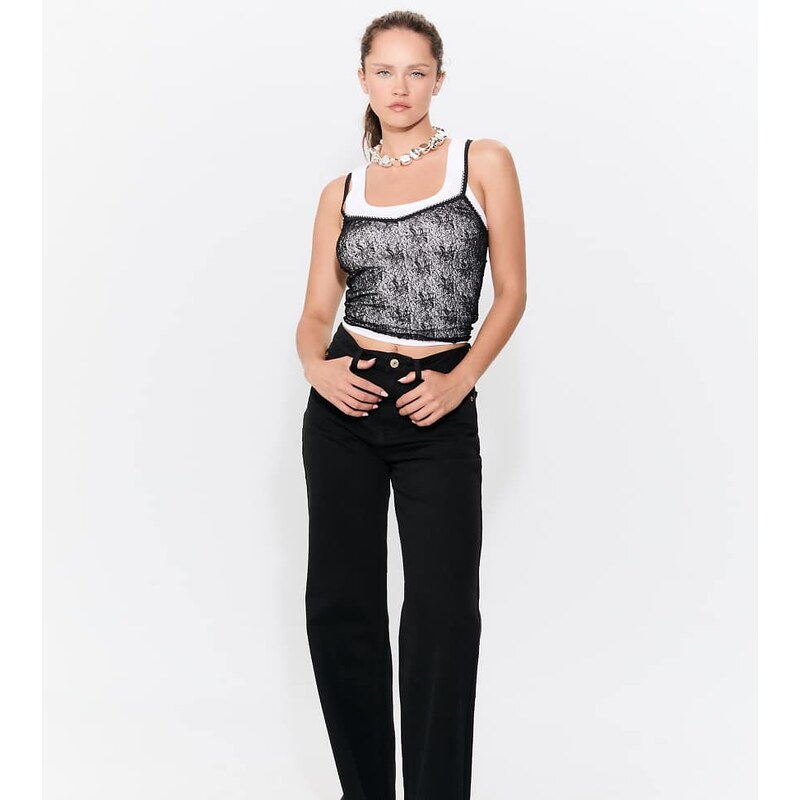 Stradivarius Petite d92 straight wide jeans in black