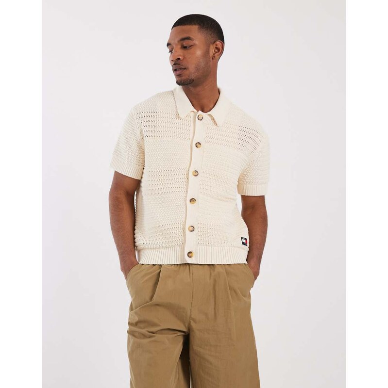 Tommy Jeans crochet short sleeve cardigan in beige-Neutral