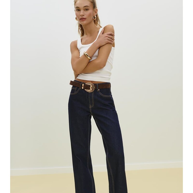 Stradivarius Petite d92 straight wide-leg jeans in overdyed blue