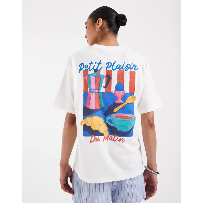 JJXX oversized t-shirt with café breakfast backprint in cream