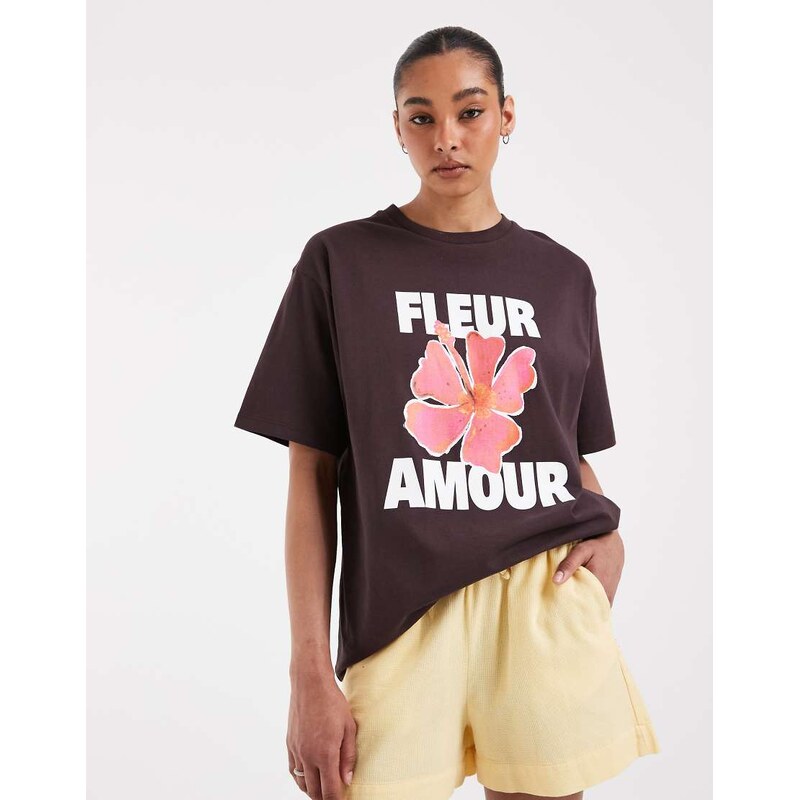 JJXX oversized t-shirt with fleur amore print in dark brown