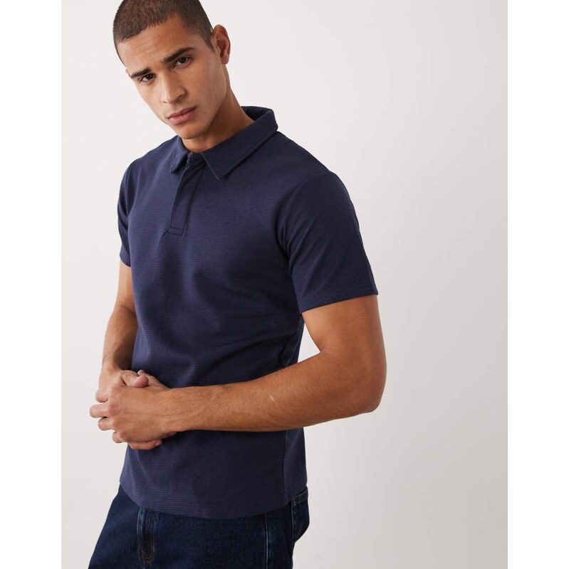 Threadbare short sleeve knitted textured polo top in navy