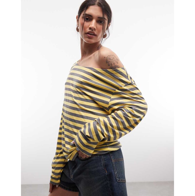 COLLUSION long sleeve off the shoulder stipe top in lemon and