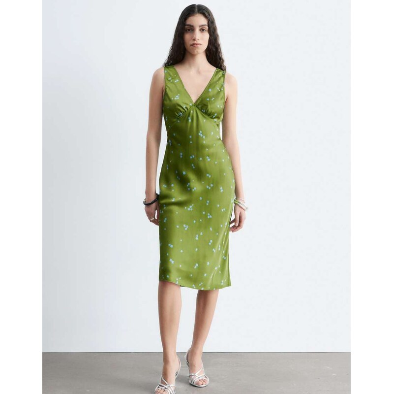 & Other Stories bias cut satin midi dress in green floral print