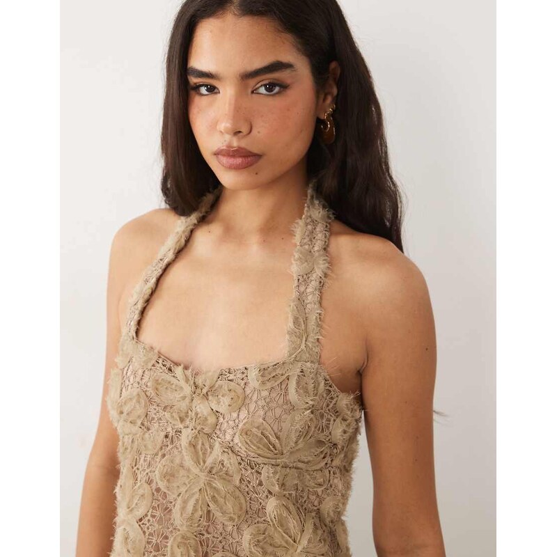 ASOS DESIGN textured floral lace halter cropped top in natural